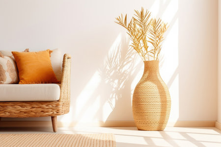 Interior decoration with Boho style and cozy warm tone bright colors, Scandinavian and modern style with wicker vases, minimal decor design concept.の素材