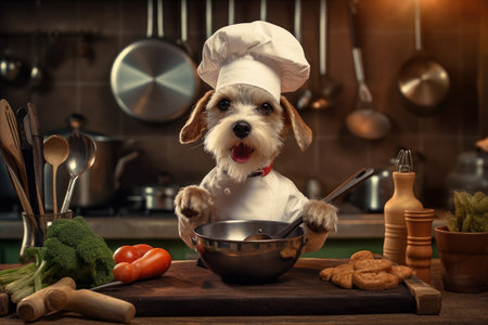 A Dog with a cute chef's outfit that preparing a delicious meal in the kitchen, Chef costume ready to cook for dinner, funny moment, an ingredient for cooking, pet concept.の素材