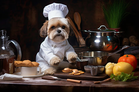 A Dog with a cute chef's outfit that preparing a delicious meal in the kitchen, Chef costume ready to cook for dinner, funny moment, an ingredient for cooking, pet concept.の素材