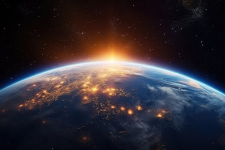 Night of Planet Earth globe from space view with city light of each countries on land and sunlight, Galaxy and space concept.の素材