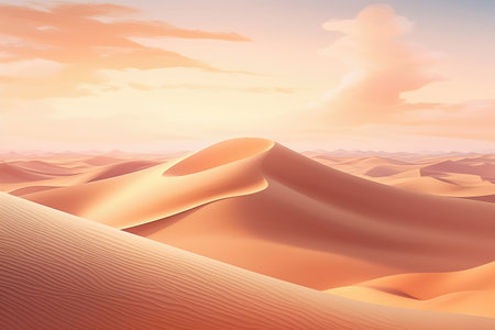 Beautiful wavy colorful sand dunes background, desert landscape under the beautiful sky, Adventure in dream land concept.の素材