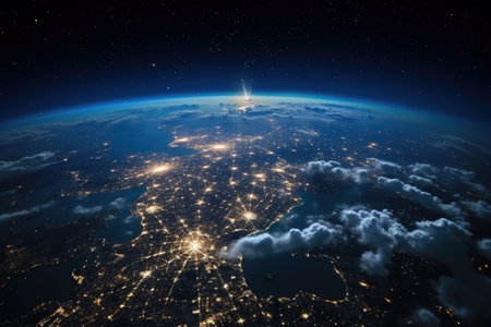 Night of Planet Earth globe from space view with city light of each countries on land and sunlight, Galaxy and space concept.の素材