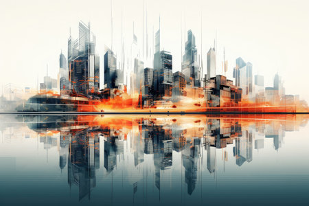 Futuristic city technology with digital glowing light reflection, smart modern mega city, neon technology background, Night life Smart futuristic city big data technology concept.の素材