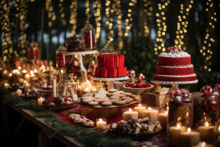 Thanksgiving Food and Dessert for party invitation, Christmas party celebration with dinner meal on table, Happy new year and Xmas scene, wooden table full of food and treats.の素材