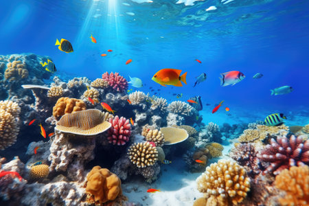 Underwater with colorful sea life fishes and plant at seabed background, Colorful Coral reef landscape in the deep of ocean. Marine life concept, Underwater world scene.の素材