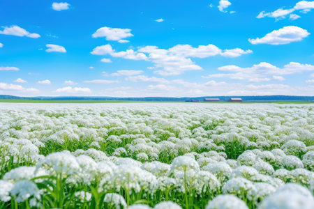 Landscape of beautiful scenery of flowers blooming on the meadow in spring season with sunlight and blue sky background. Horizontal panoramic view of nature grass field.の素材