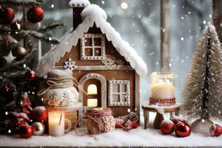 Christmas holiday in winter season decorate with gift boxes, tree and ornaments, Snowflakes background, Happy new year celebration, Special event scene with copy space.の素材