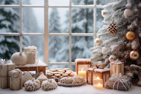 Christmas holiday in winter season decorate with gift boxes, tree and ornaments, Snowflakes background, Happy new year celebration, Special event scene with copy space.の素材