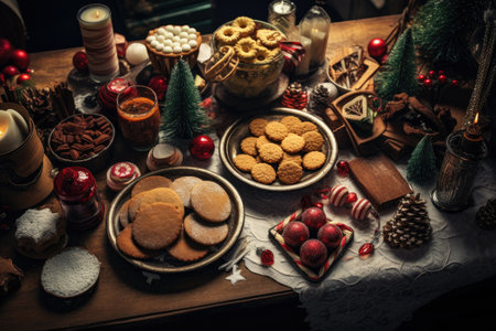 Thanksgiving Food and Dessert for party invitation, Christmas party celebration with dinner meal on table, Happy new year and Xmas scene, wooden table full of food and treats.の素材