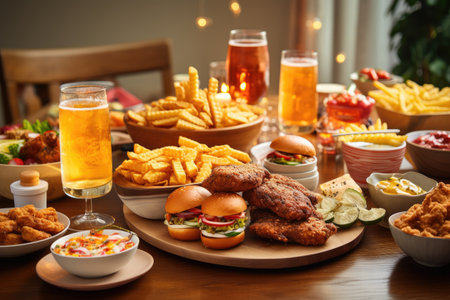 Delivery fast food or junk food for Dinner party, table full of delicious meal including french fries, fried chicken, burgers, and drinks, unhealthy food concept.の素材
