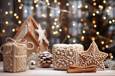 Christmas holiday in winter season decorate with gift boxes, tree and ornaments, Snowflakes background, Happy new year celebration, Special event scene with copy space.の素材