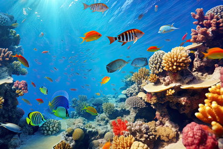 Underwater with colorful sea life fishes and plant at seabed background, Colorful Coral reef landscape in the deep of ocean. Marine life concept, Underwater world scene.の素材