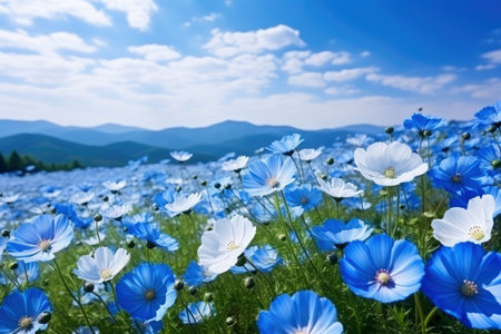 Landscape of beautiful scenery of flowers blooming on the meadow in spring season with sunlight and blue sky background. Horizontal panoramic view of nature grass field.の素材