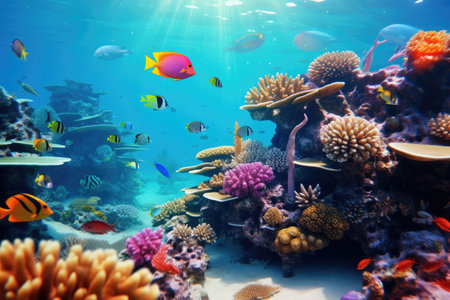 Underwater with colorful sea life fishes and plant at seabed background, Colorful Coral reef landscape in the deep of ocean. Marine life concept, Underwater world scene.の素材