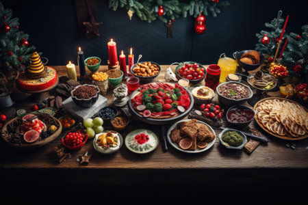 Thanksgiving Food and Dessert for party invitation, Christmas party celebration with dinner meal on table, Happy new year and Xmas scene, wooden table full of food and treats.の素材