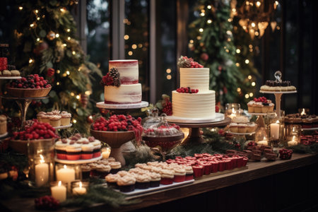 Thanksgiving Food and Dessert for party invitation, Christmas party celebration with dinner meal on table, Happy new year and Xmas scene, wooden table full of food and treats.の素材