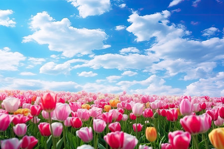Landscape of beautiful scenery of flowers blooming on the meadow in spring season with sunlight and blue sky background. Horizontal panoramic view of nature grass field.の素材
