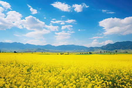 Landscape of beautiful scenery of flowers blooming on the meadow in spring season with sunlight and blue sky background. Horizontal panoramic view of nature grass field.の素材
