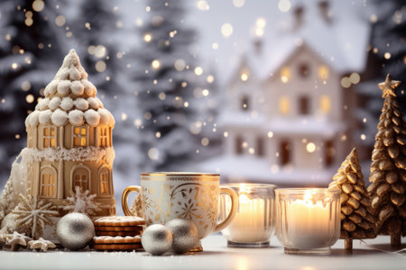 Christmas holiday in winter season decorate with gift boxes, tree and ornaments, Snowflakes background, Happy new year celebration, Special event scene with copy space.の素材