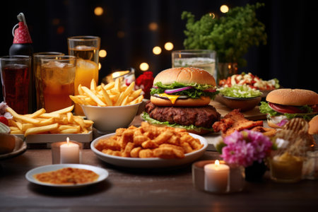 Delivery fast food or junk food for Dinner party, table full of delicious meal including french fries, fried chicken, burgers, and drinks, unhealthy food concept.の素材