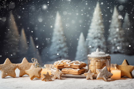 Christmas holiday in winter season decorate with gift boxes, tree and ornaments, Snowflakes background, Happy new year celebration, Special event scene with copy space.の素材