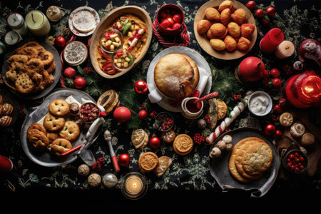 Thanksgiving Food and Dessert for party invitation, Christmas party celebration with dinner meal on table, Happy new year and Xmas scene, wooden table full of food and treats.の素材