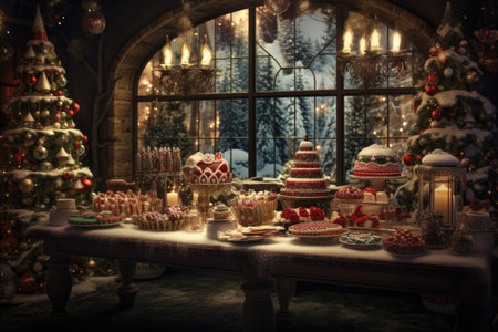 Thanksgiving Food and Dessert for party invitation, Christmas party celebration with dinner meal on table, Happy new year and Xmas scene, wooden table full of food and treats.の素材