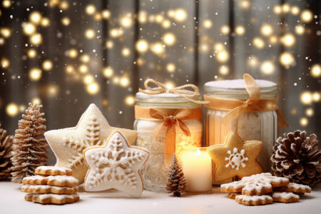 Christmas holiday in winter season decorate with gift boxes, tree and ornaments, Snowflakes background, Happy new year celebration, Special event scene with copy space.の素材