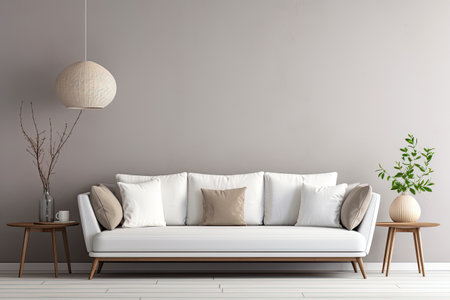 Living room interior in cozy Scandinavian and modern style decoration with sofa, wooden table and plant with empty wall copy space for mock up, minimal decor design concept.の素材