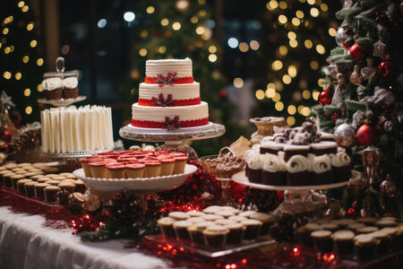 Thanksgiving Food and Dessert for party invitation, Christmas party celebration with dinner meal on table, Happy new year and Xmas scene, wooden table full of food and treats.の素材