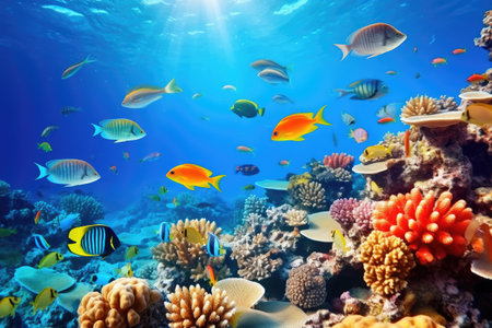 Underwater with colorful sea life fishes and plant at seabed background, Colorful Coral reef landscape in the deep of ocean. Marine life concept, Underwater world scene.の素材