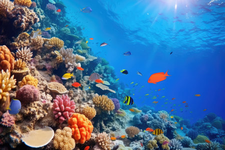 Underwater with colorful sea life fishes and plant at seabed background, Colorful Coral reef landscape in the deep of ocean. Marine life concept, Underwater world scene.の素材