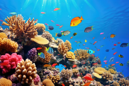 Underwater with colorful sea life fishes and plant at seabed background, Colorful Coral reef landscape in the deep of ocean. Marine life concept, Underwater world scene.の素材