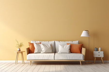 Living room interior in cozy Scandinavian and modern style decoration with sofa, wooden table and plant with empty wall copy space for mock up, minimal decor design concept.の素材
