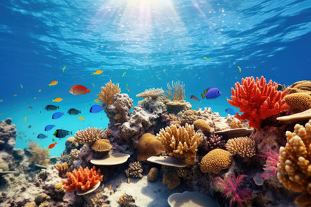 Underwater with colorful sea life fishes and plant at seabed background, Colorful Coral reef landscape in the deep of ocean. Marine life concept, Underwater world scene.の素材