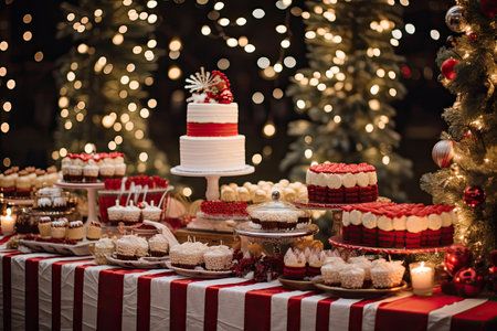 Thanksgiving Food and Dessert for party invitation, Christmas party celebration with dinner meal on table, Happy new year and Xmas scene, wooden table full of food and treats.の素材