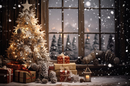 Christmas holiday in winter season decorate with gift boxes, tree and ornaments, Snowflakes background, Happy new year celebration, Special event scene with copy space.の素材