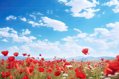 Landscape of beautiful scenery of flowers blooming on the meadow in spring season with sunlight and blue sky background. Horizontal panoramic view of nature grass field.の素材