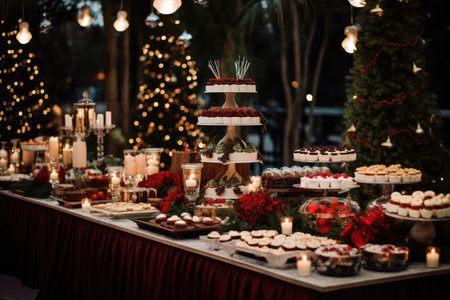 Thanksgiving Food and Dessert for party invitation, Christmas party celebration with dinner meal on table, Happy new year and Xmas scene, wooden table full of food and treats.の素材