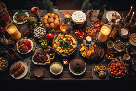 Thanksgiving Food and Dessert for party invitation, Christmas party celebration with dinner meal on table, Happy new year and Xmas scene, wooden table full of food and treats.の素材