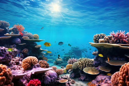 Underwater with colorful sea life fishes and plant at seabed background, Colorful Coral reef landscape in the deep of ocean. Marine life concept, Underwater world scene.の素材