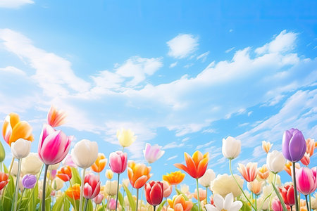 Landscape of beautiful scenery of flowers blooming on the meadow in spring season with sunlight and blue sky background. Horizontal panoramic view of nature grass field.の素材
