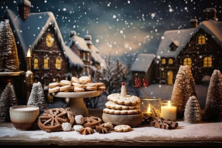 Christmas holiday in winter season decorate with gift boxes, tree and ornaments, Snowflakes background, Happy new year celebration, Special event scene with copy space.の素材