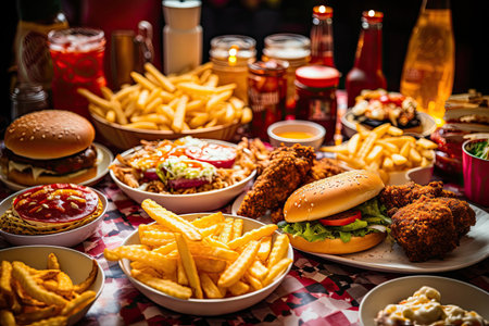 Delivery fast food or junk food for Dinner party, table full of delicious meal including french fries, fried chicken, burgers, and drinks, unhealthy food concept.の素材