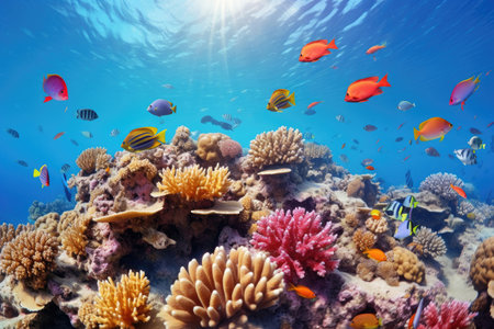 Underwater with colorful sea life fishes and plant at seabed background, Colorful Coral reef landscape in the deep of ocean. Marine life concept, Underwater world scene.の素材