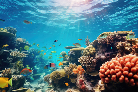 Underwater with colorful sea life fishes and plant at seabed background, Colorful Coral reef landscape in the deep of ocean. Marine life concept, Underwater world scene.の素材