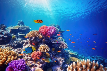 Underwater with colorful sea life fishes and plant at seabed background, Colorful Coral reef landscape in the deep of ocean. Marine life concept, Underwater world scene.の素材