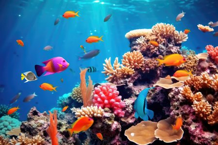 Underwater with colorful sea life fishes and plant at seabed background, Colorful Coral reef landscape in the deep of ocean. Marine life concept, Underwater world scene.の素材