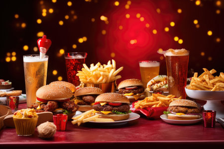 Delivery fast food or junk food for Dinner party, table full of delicious meal including french fries, fried chicken, burgers, and drinks, unhealthy food concept.の素材