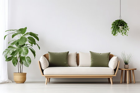 Living room interior in cozy Scandinavian and modern style decoration with sofa, wooden table and plant with empty wall copy space for mock up, minimal decor design concept.の素材